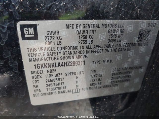 1GKKNKLA4HZ289311 GMC Acadia Sle-1