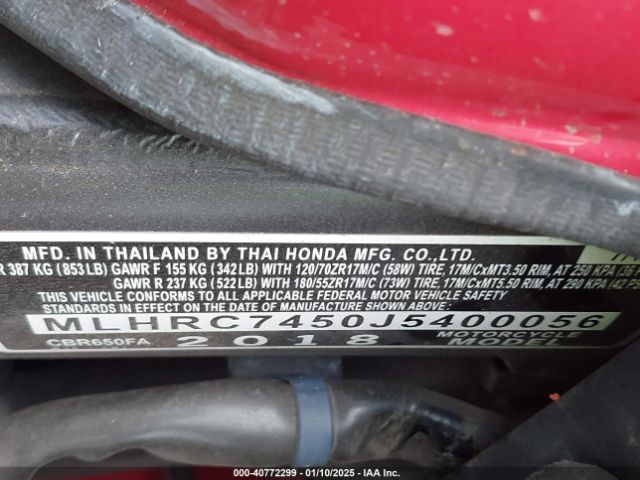 2018 HONDA CBR650 MLHRC7450J5400056 Photo 9