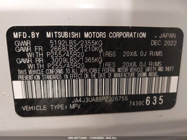 JA4J3UA86PZ026755 Mitsubishi Outlander Se 2.5 2wd/se Black Edition 2wd/se Special Edition 2wd
