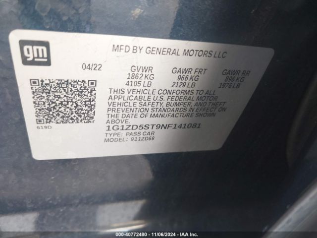 1G1ZD5ST9NF141081 Chevrolet Malibu Fwd Lt