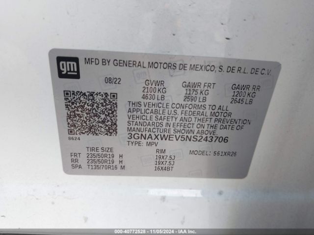3GNAXWEV5NS243706 Chevrolet Equinox Awd Rs