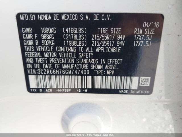 3CZRU6H76GM747409 Honda Hr-v Ex-l