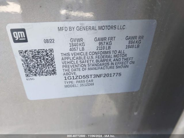 1G1ZD5ST3NF201775 Chevrolet Malibu Fwd Lt