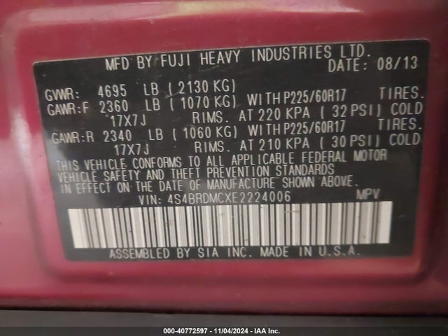 Subaru Outback 3.6r Limited 2014 4S4BRDMCXE2224006 Image 9