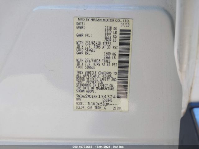 5N1AZ2MJ1KN154324 Nissan MURANO SV