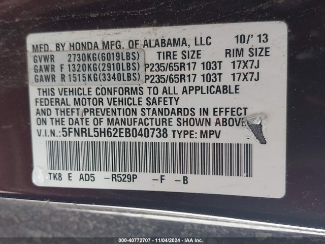 Honda Odyssey Ex-l 2014 5FNRL5H62EB040738 Image 9