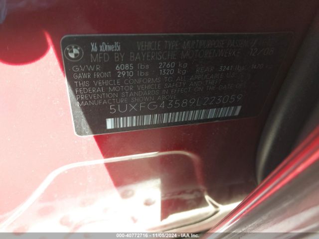2009 BMW X6 5UXFG43589L223059 Photo 8
