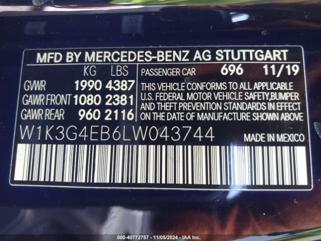 W1K3G4EB6LW043744 Mercedes-Benz A 220