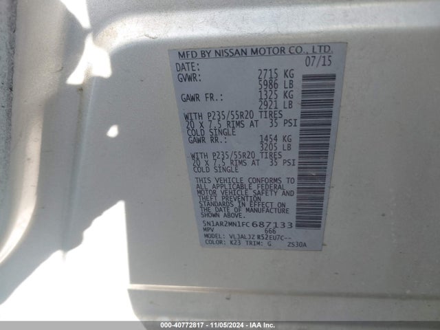 Nissan Pathfinder Platinum 2015 5N1AR2MN1FC687133 Image 9