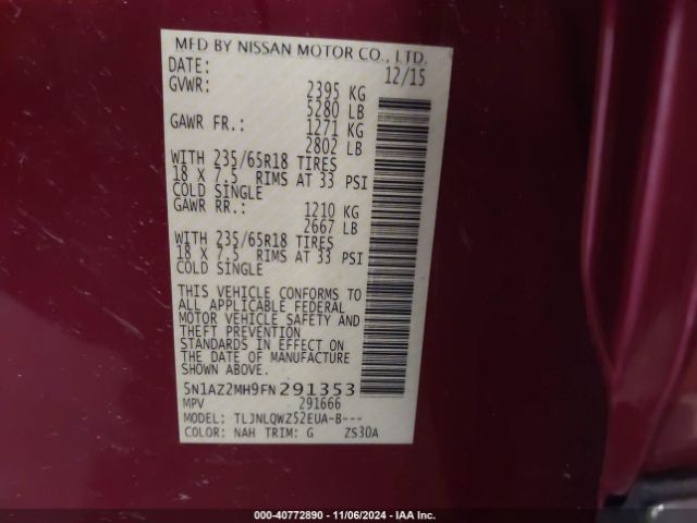 5N1AZ2MH9FN291353 Nissan MURANO SV