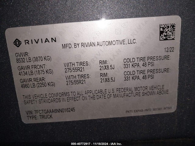 Rivian R1t Adventure 2022 7FCTGAAA6NN016245 Image 9