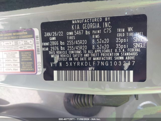 5XYRKDLF7NG103247 KIA SORENTO SX