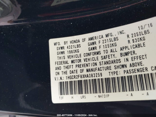 Honda Accord Ex-l 2017 1HGCR2F8XHA083259 Image 9