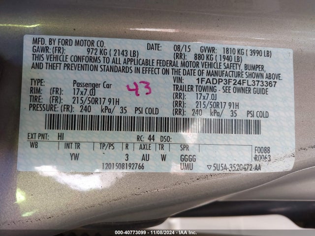 Ford FOCUS SE 2015 1FADP3F24FL373367 Image 9