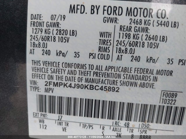 Ford EDGE SEL 2019 2FMPK4J90KBC45892 Image 9