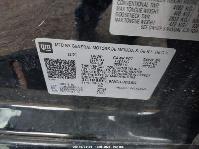 3GTP9EEL9NG130186 GMC Sierra 1500 Limited 4wd  Short Box At4