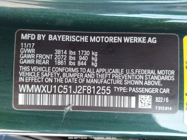 WMWXU1C51J2F81255 Mini Hardtop Cooper