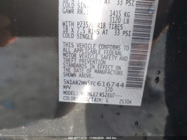 5N1AR2MN5FC616744 Nissan Pathfinder Platinum/s/sl/sv