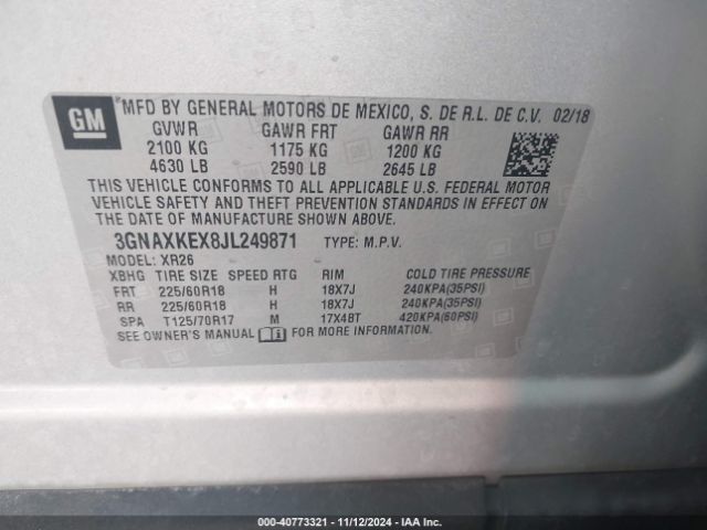 3GNAXKEX8JL249871 Chevrolet EQUINOX LT