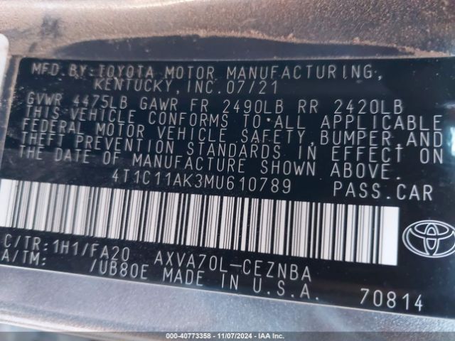 4T1C11AK3MU610789 Toyota CAMRY LE