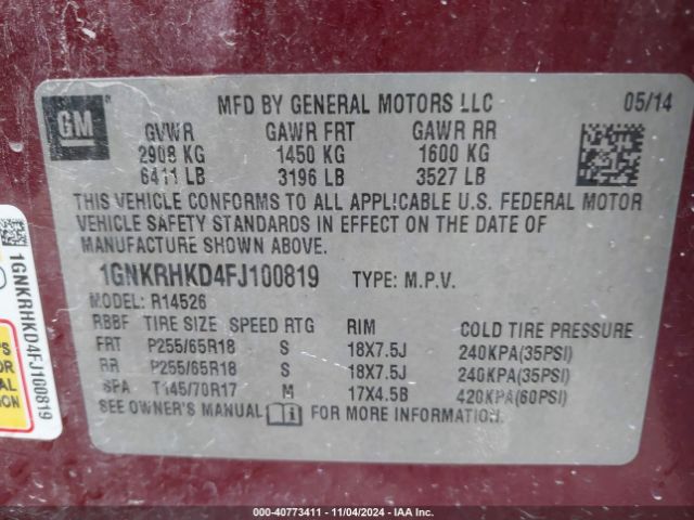 1GNKRHKD4FJ100819 Chevrolet Traverse 2lt