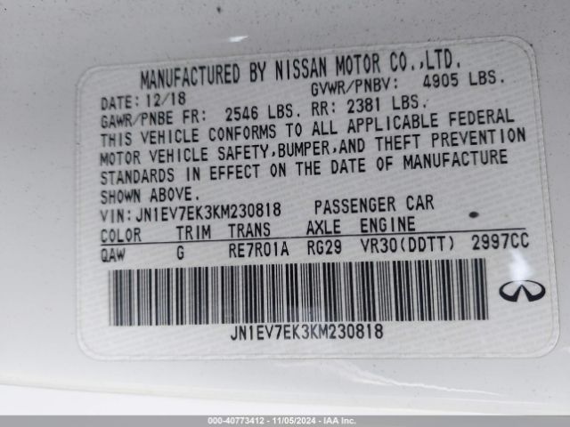 JN1EV7EK3KM230818 Infiniti Q60 3.0t Luxe