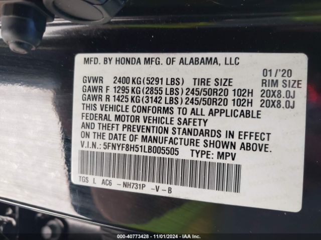 5FNYF8H51LB005505 Honda Passport Awd Ex-l