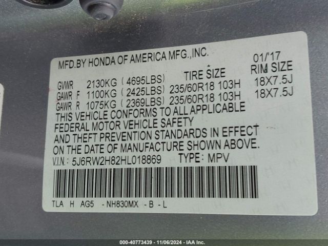5J6RW2H82HL018869 Honda Cr-v Ex-l/ex-l Navi