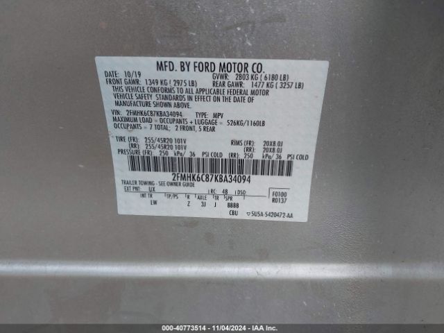 2FMHK6C87KBA34094 Ford FLEX SEL