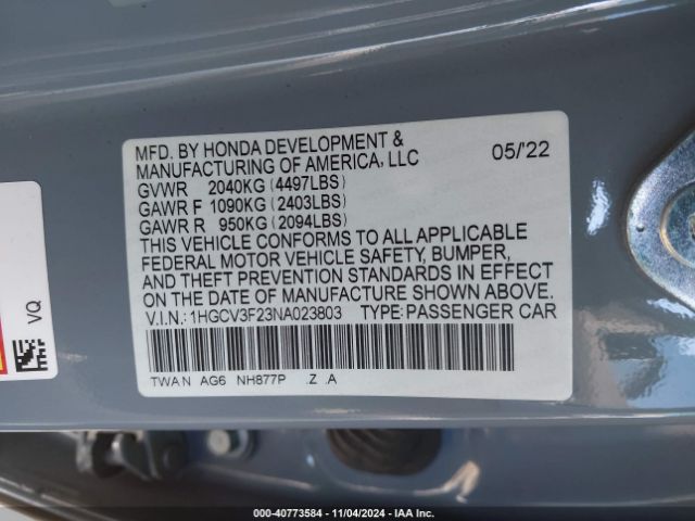 1HGCV3F23NA023803 Honda Accord Hybrid Sport