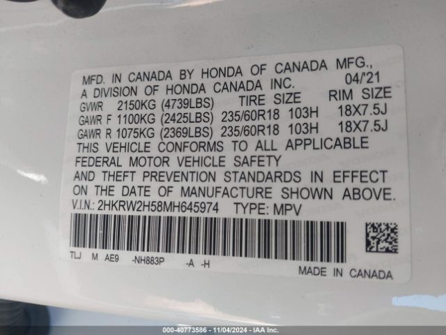 2HKRW2H58MH645974 Honda Cr-v Awd Ex