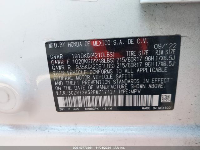 3CZRZ2H32PM717427 Honda Hr-v Awd Lx