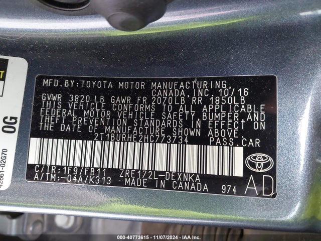 Toyota COROLLA LE 2017 2T1BURHE2HC773734 Image 9