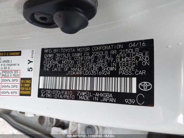 JTDKARFU2G3516924 Toyota Prius Three