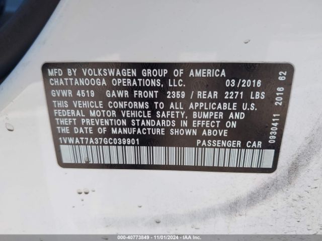 1VWAT7A37GC039901 Volkswagen Passat 1.8t S