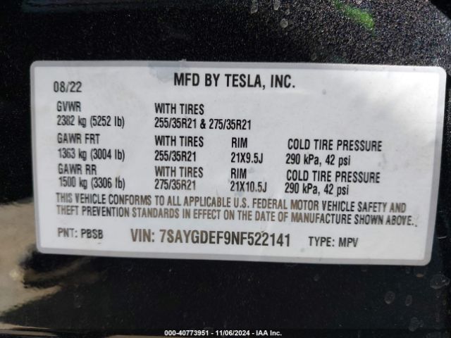 7SAYGDEF9NF522141 Tesla Model Y Performance Dual Motor All-wheel Drive