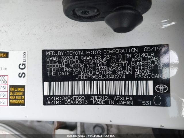 JTDEPRAE6LJ040274 Toyota COROLLA LE