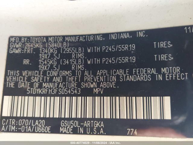5TDYKRFH3FS054543 Toyota Highlander Limited V6