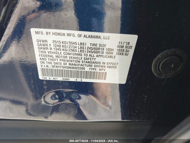 Honda Pilot Ex-l 2019 5FNYF5H59KB022209 Image 9