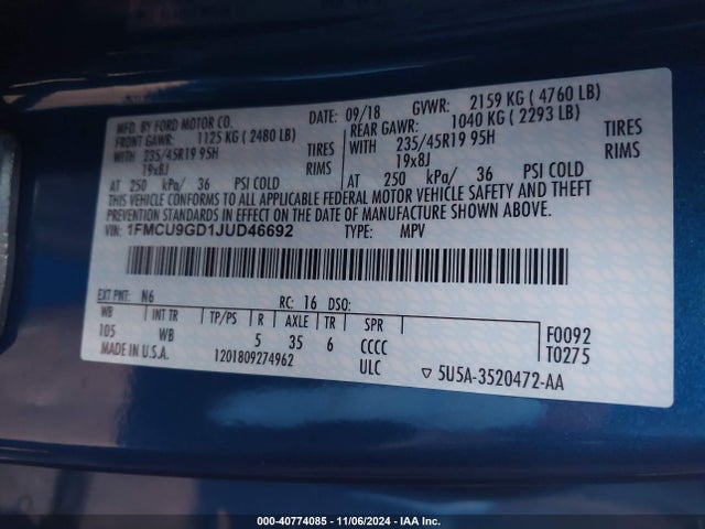 Ford ESCAPE SE 2018 1FMCU9GD1JUD46692 Image 9