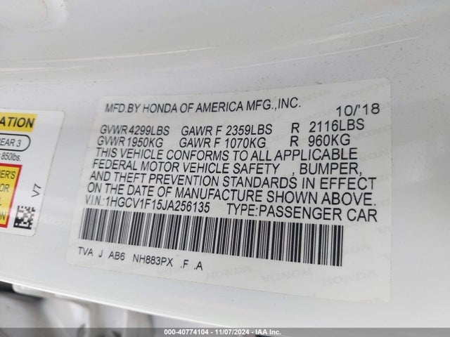 Honda ACCORD LX 2018 1HGCV1F15JA256135 Image 9