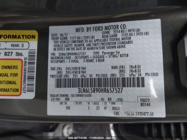 3LN6L5B90HR657527 Lincoln Mkz Premiere