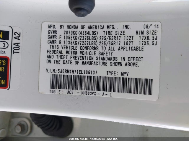 Honda Cr-v Ex-l 2014 5J6RM4H71EL106137 Image 9