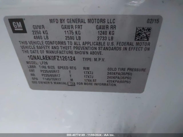 Chevrolet EQUINOX LS 2015 1GNALAEK0FZ126124 Image 9