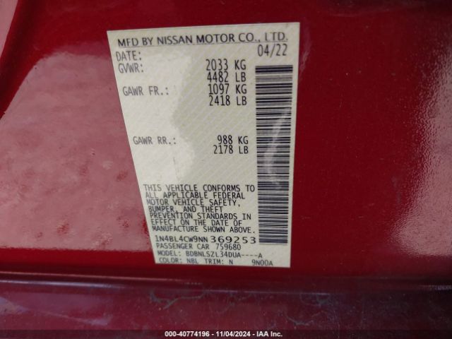 1N4BL4CW9NN369253 Nissan Altima Sr Intelligent Awd