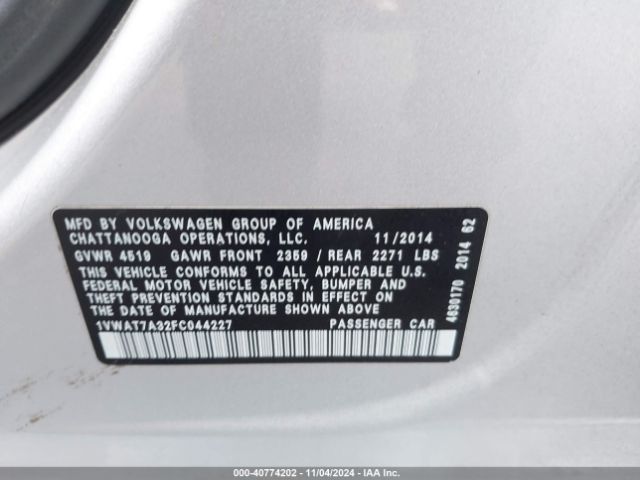 1VWAT7A32FC044227 Volkswagen Passat 1.8t Wolfsburg Edition