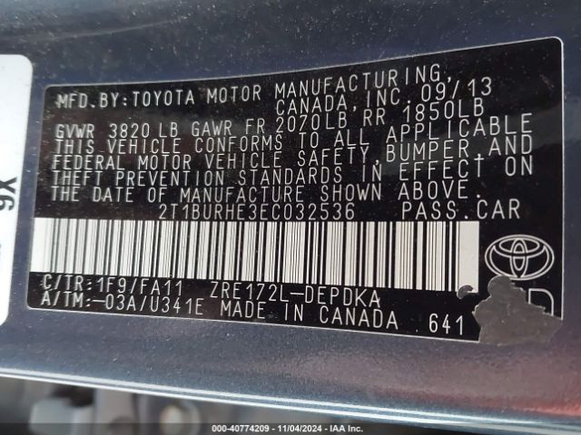 2T1BURHE3EC032536 Toyota COROLLA L