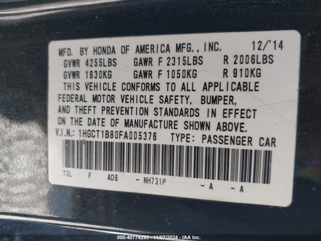 Honda Accord Ex-l 2015 1HGCT1B80FA005376 Image 9