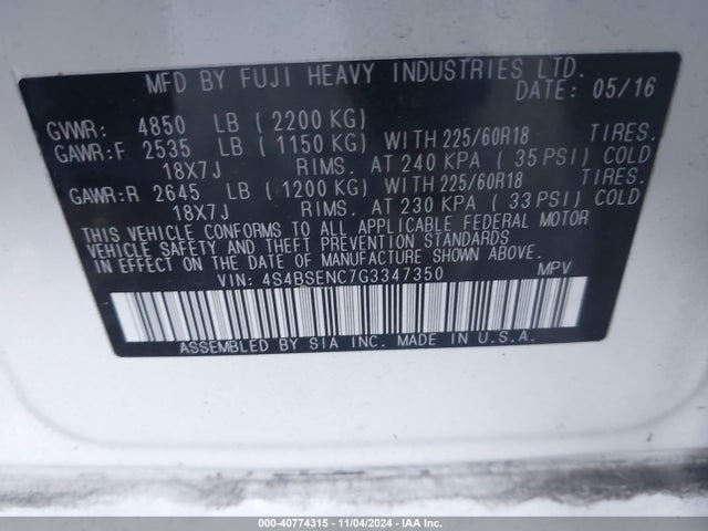 4S4BSENC7G3347350 Subaru Outback 3.6r Limited