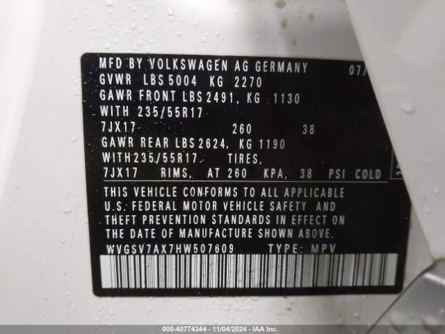 WVGSV7AX7HW507609 Volkswagen Tiguan 2.0t Wolfsburg Edition